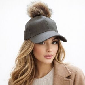 Gray  Baseball Cap Hat w/ Removable Fur Pom Pom Winter Chic